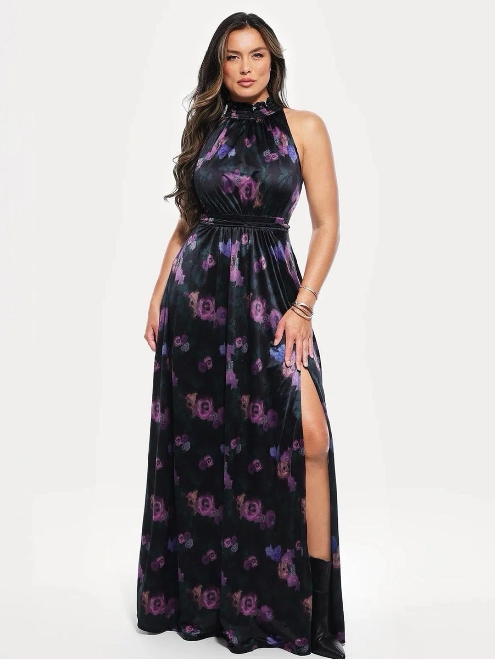 NWOT Popilush High-Neck Floral Halter Maxi Dress in Black and Purple